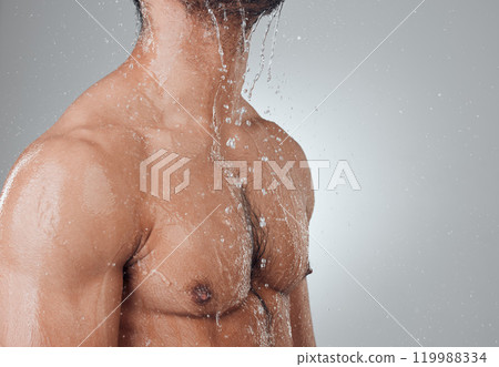 Man, shower and washing in studio or chest, skincare and cleaning or grooming on gray background. Male person, cosmetics and liquid for treatment in morning routine, mockup and hygiene or beauty 119988334
