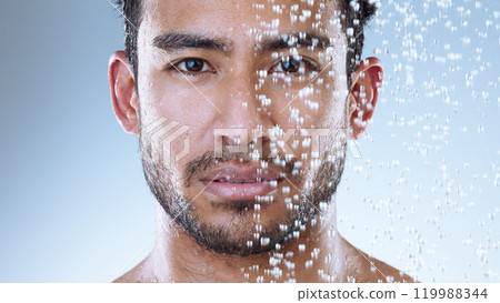 Shower, washing and man in studio with water drop for hygiene, grooming or skincare on isolated background. Closeup, cleaning and Asian model for natural treatment, wellness or morning routine 119988344