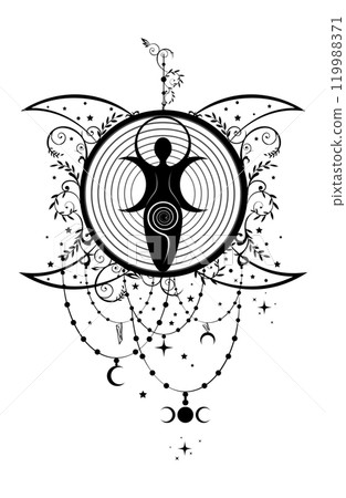 Mystical Wiccan Woman Logo triple moon goddess, spiral of fertility, Pagan Symbols, cycle of life, death and rebirth. Wicca mother earth symbol of sexual procreation, boho style, isolated on white 119988371