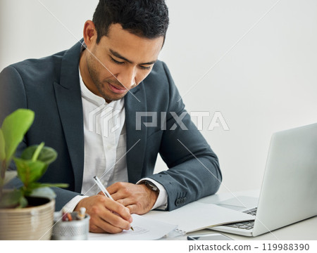 Man, technology and writing on document in office with contract, legal advisor or attorney at work. Male lawyer, laptop and pen with paper at desk for justice, estate tax or compliance at law firm 119988390