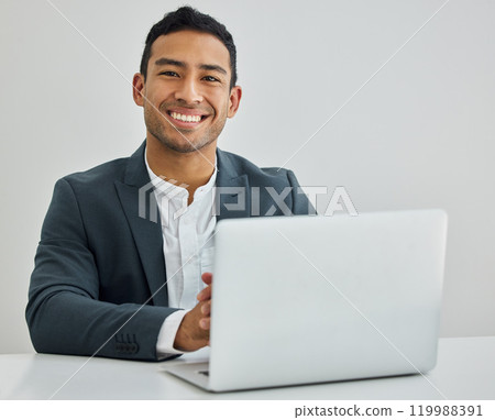 Businessman, portrait and laptop at desk for networking, communication and email in office. Trader, technology and happy with internet for online, reading or research for stock market in workplace 119988391