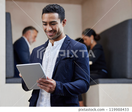 Reading, tablet and businessman in office with networking, research and scroll at consulting agency. Communication, internet and man at tech startup with smile, digital app and online professional 119988433