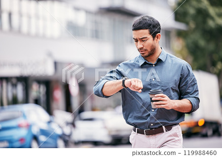 Late, watch and businessman walking in city to work with coffee for travel in street with stress. Time, rush and professional male lawyer with cappuccino commuting to office for legal case in town. Late, watch and businessman walking in city to work with coffee for travel in street with stress. Time, rush and professional male lawyer with cappuccino commuting to office for legal case in town. 119988460