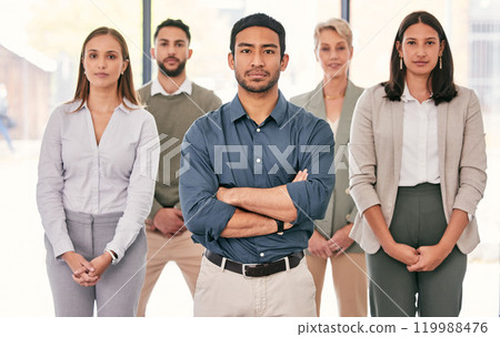Business people, diversity and team in office with portrait, professional and serious for reputation improvement. Men, women and together in corporate, sale representative, group and job confidence. 119988476