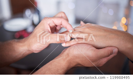 Hand, ring and couple engagement in home for love, commitment and promise for marriage with care or affection. Man, woman and together in house with jewelry for proposal, forever and unity with trust Hand, ring and couple engagement in home for love, commitment and promise for marriage with care or affection. Man, woman and together in house with jewelry for proposal, forever and unity with trust 119988495