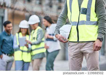 Person, hard hat and construction site or engineer architecture for building inspection, renovation or maintenance. Helmet, safety and infrastructure development with coworker, contractor or labor 119988502