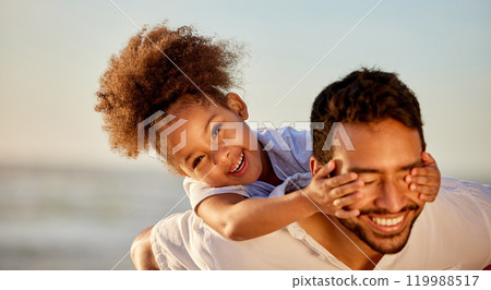 Father, girl and hands on eyes for piggyback, bonding and care with parent and child or playful in nature on holiday. Relax, happy and family vacation for ocean fun, smile and childhood and together Father, girl and hands on eyes for piggyback, bonding and care with parent and child or playful in nature on holiday. Relax, happy and family vacation for ocean fun, smile and childhood and together 119988517