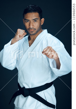 Karate, master and martial arts portrait of man in studio, black background or practice fight. Sport, challenge and person with self defence skill, technique or mma contest in action with fist 119988553
