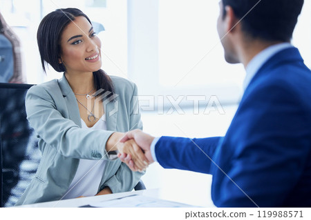 Car dealership, handshake and woman with salesman in office for agreement, deal or purchase. Contract, thank you or welcome and customer shaking hands with business man for retail or service Car dealership, handshake and woman with salesman in office for agreement, deal or purchase. Contract, thank you or welcome and customer shaking hands with business man for retail or service 119988571