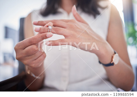 Divorce, hand and wedding ring with person in home, closeup for breakup, conflict or infidelity. Anxiety, depression and doubt with wife in apartment for frustration, mistake or relationship problem Divorce, hand and wedding ring with person in home, closeup for breakup, conflict or infidelity. Anxiety, depression and doubt with wife in apartment for frustration, mistake or relationship problem 119988594