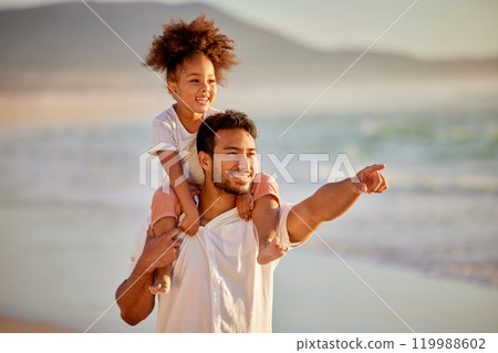 Father, girl and pointing on shoulders for beach fun, holiday and bonding and walking on sea shore or vacation. People, together and carefree girl or ocean trip for adventure, summer and relaxing Father, girl and pointing on shoulders for beach fun, holiday and bonding and walking on sea shore or vacation. People, together and carefree girl or ocean trip for adventure, summer and relaxing 119988602