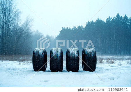a winter tire with snow in the cold in typical winter weather. 119988641