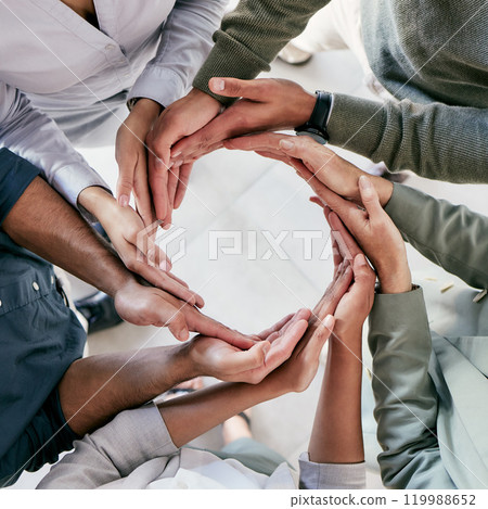 Teamwork, business people and hands in circle for diversity, support and solidarity in office. Synergy, collaboration and cooperation for motivation, goal and integration of corporate by top view Teamwork, business people and hands in circle for diversity, support and solidarity in office. Synergy, collaboration and cooperation for motivation, goal and integration of corporate by top view 119988652