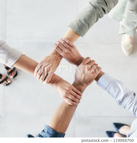 Together, business people and teamwork with hands as ring, support and solidarity for workflow. Diversity, collaboration and cooperation for motivation, goal or integration of corporate in office 119988700