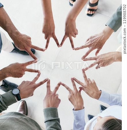 Business, people and hands together star for team building, solidarity or diversity in workplace. Teamwork, synergy and collaboration for international company, trust and vision or support from above 119988702