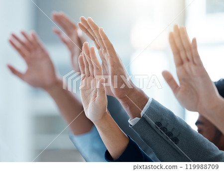 Business people, audience and hands raised for question, vote or feedback in conference room meeting closeup. Group, crowd and palm for answer, volunteer and team ask for learning in training seminar 119988709
