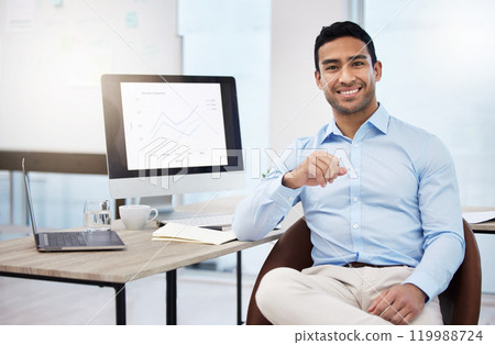 Businessman, portrait and accountant by computer screen in office, finance graphs and employee for budget. Male person, projection and report for feedback, project management and web for networking Businessman, portrait and accountant by computer screen in office, finance graphs and employee for budget. Male person, projection and report for feedback, project management and web for networking 119988724