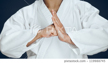 Man, hands and karate form in studio, fighter and ready for training or practice on dark background. Male person, athlete and warrior in dojo for martial arts, respect gesture and welcome to sports Man, hands and karate form in studio, fighter and ready for training or practice on dark background. Male person, athlete and warrior in dojo for martial arts, respect gesture and welcome to sports 119988745