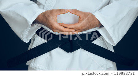 Karate, hands and black belt in studio for master, exercise and training in fighting. Person, martial arts and professional fighter in dojo for sport, expertise or sensei in self defense or taekwondo Karate, hands and black belt in studio for master, exercise and training in fighting. Person, martial arts and professional fighter in dojo for sport, expertise or sensei in self defense or taekwondo 119988751