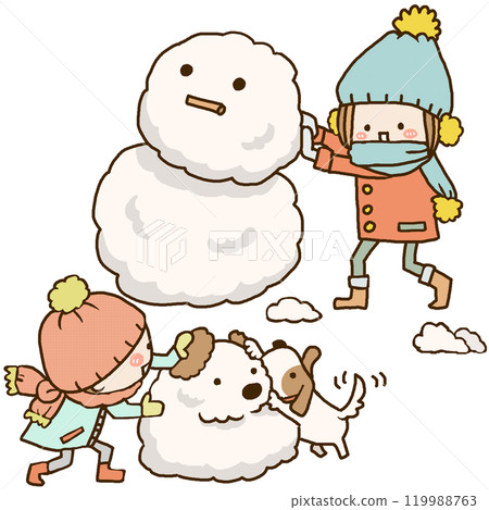 兩個孩子和一隻狗堆雪人 兩個孩子和一隻狗堆雪人 119988763