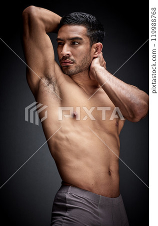 Fitness, asian man and body builder flexing abs and strong torso for exercise goal isolated in studio. Health, thinking and male person with stomach muscles from calisthenic training and workout Fitness, asian man and body builder flexing abs and strong torso for exercise goal isolated in studio. Health, thinking and male person with stomach muscles from calisthenic training and workout 119988768