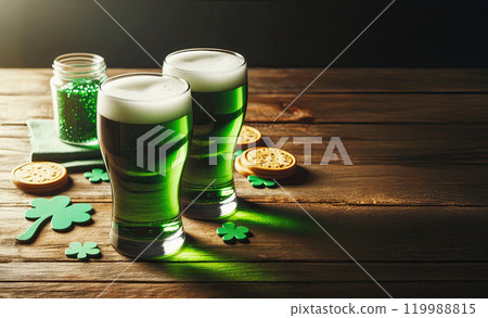 St. Patric's Day Green Beer pint over dark wooden background, decorated with shamrock leaves. Mug of Green beer close-up. 119988815