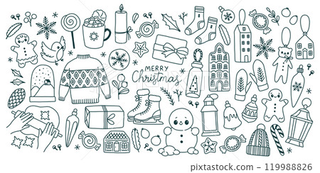 Merry Christmas doodle big set. New Year hand drawn sketh. Vector icon set 119988826
