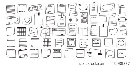 Simple sticky note set. Memo doodle. Blank square sheets of notepaper. A variety of paper stickers. Hand drawn isolated Simple sticky note set. Memo doodle. Blank square sheets of notepaper. A variety of paper stickers. Hand drawn isolated 119988827