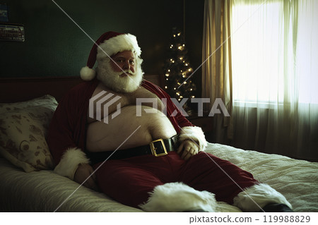 big santa claus resting on bed, AI generated 119988829