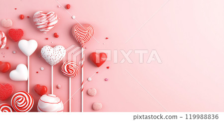 Happy Valentines Day greeting with candy, sweets, heart shaped lollipops 119988836