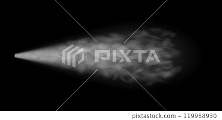 Spray jet overlay from nozzle or water gun with smoke or mist clouds on black background 119988930