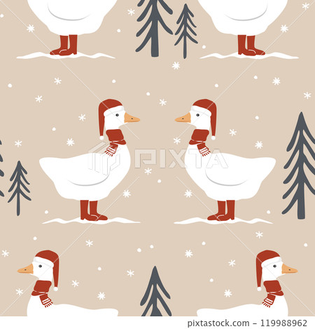 Seamless pattern with cute cartoon goose in red scarf, Santa Claus hat and boots. Merry Christmas background. Vector illustration. Seamless pattern with cute cartoon goose in red scarf, Santa Claus hat and boots. Merry Christmas background. Vector illustration. 119988962