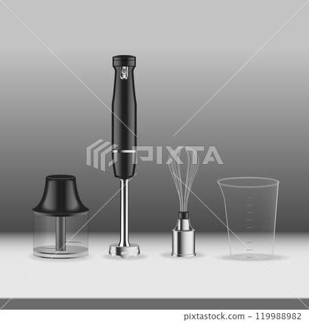 Realistic hand blender with equipment. Electric kitchen tools. Modern domestic mixer. 3d drawing of chef gadget 119988982