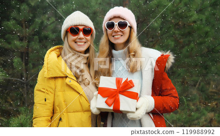 Happy smiling women friends, gift box, celebration on Christmas tree background in winter forest Happy smiling women friends, gift box, celebration on Christmas tree background in winter forest 119988992