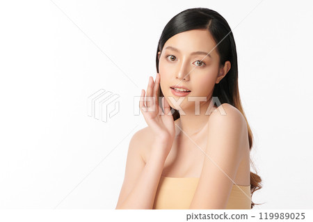 Beautiful young asian woman with clean fresh skin on white background, Face care, Facial treatment, Cosmetology, beauty and spa, Asian women portrait. 119989025