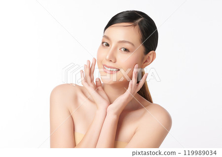 Beautiful young asian woman with clean fresh skin on white background, Face care, Facial treatment, Cosmetology, beauty and spa, Asian women portrait. 119989034