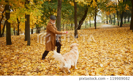 Senior man and his dog on cozy walk surrounded by golden autumn leaves, enjoying the cool breeze and playing together. Senior man and his dog on cozy walk surrounded by golden autumn leaves, enjoying the cool breeze and playing together. 119989082