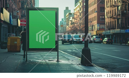 A green billboard is standing in the middle of a city street A green billboard is standing in the middle of a city street 119989172