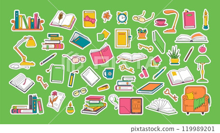 Books and stationery, reading related stickers Books and stationery, reading related stickers 119989201