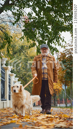 Happy senior man dressed stylish vintage outfit walking with his beloved pet, Golden retriever dog at park in fall. Happy senior man dressed stylish vintage outfit walking with his beloved pet, Golden retriever dog at park in fall. 119989207