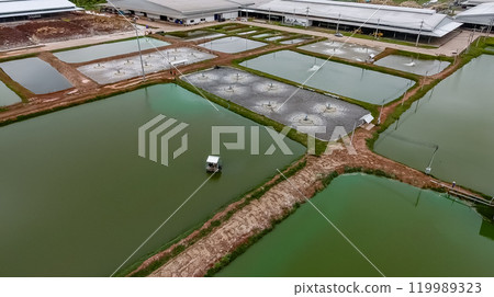 The aerial view of many ponds and paths near the manufactory shot by drone. 119989323