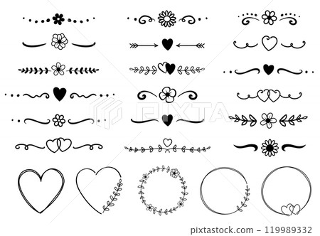 Border, divider, frame set with hearts and flowers, floral design elements and eucalyptus branch Border, divider, frame set with hearts and flowers, floral design elements and eucalyptus branch 119989332