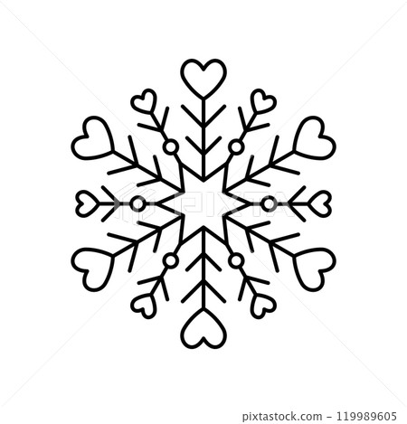 Snowflake with hearts love for snow design and pattern. Black line Christmas element isolated on white background. Snow flake icon. Ice crystal graphic. Clipart for winter prints. Vector illustration  119989605