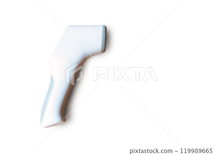 Isolated side view of Thermometer Gun, Digital Infrared Sight Temperature Measurement Device white background. Clipping Path. Isolated side view of Thermometer Gun, Digital Infrared Sight Temperature Measurement Device white background. Clipping Path. 119989665