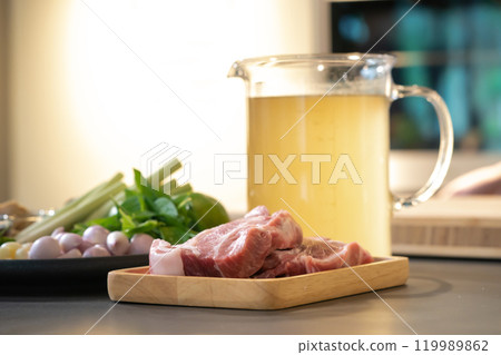 Close up to packshot of Raw Pork and herb ingredients, preparation for Cooking in Thai food menu. 119989862
