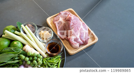 Topview of Raw Pork and herb ingredients, preparation for Cooking in Thai food menu. Topview of Raw Pork and herb ingredients, preparation for Cooking in Thai food menu. 119989865