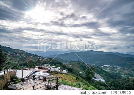 An aerial photographic view of Mon Jam Village in Chiangmai, filled with houses, resorts, and homestays for all the visitors. 119989900