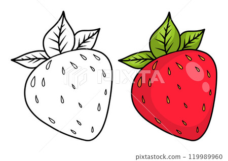 Red strawberry berry. Isolated outline stroke, line and color drawings. Vector illustration. Coloring book. Kids collection. 119989960