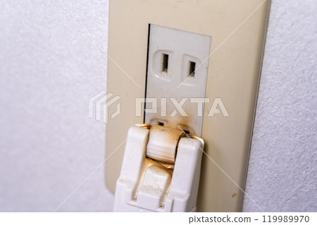 Outlet fire, fire caused by outlet, wiring cord fire, electrical fire, burnt outlet 119989970