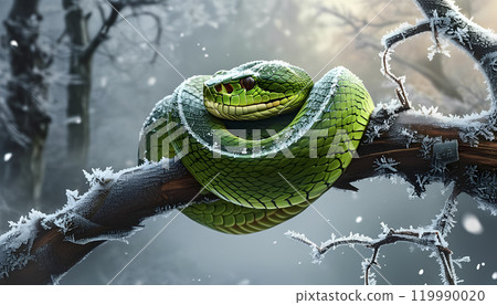 A vibrant green snake rests on a frosted branch in a tranquil winter forest during early morning light 119990020